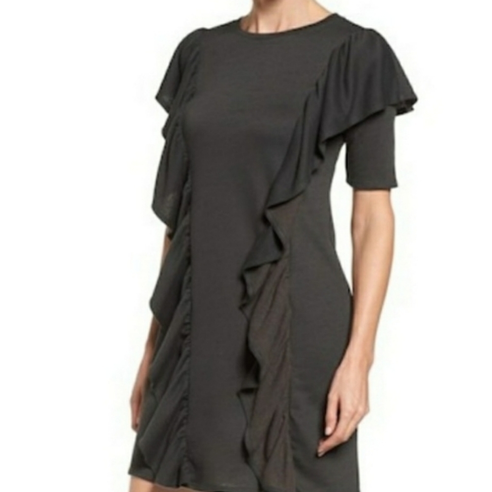 Halogen Romantic Sweet Casual Charcoal Gray Ruffle Front Sweater Dress Large